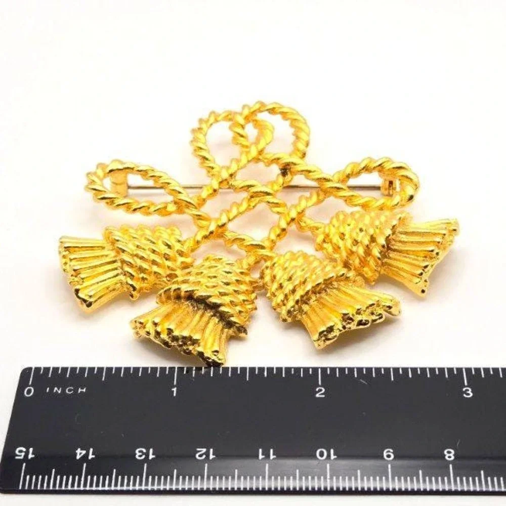 Vintage Large Gold Tone Rope Four Tassels Knot Brooch Pin‎ 3